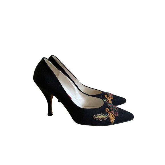 ANDREA PFISTER Couture Vintage Black Fabric Embellished Heels Size 7 - Picture 7 of 8